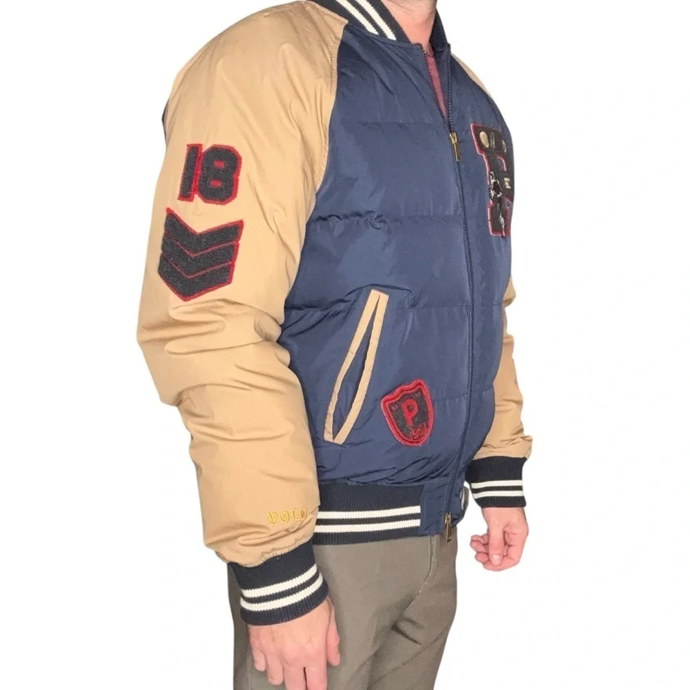 Polo Ralph Lauren Varsity Duck Down Puffer Bomber Jacket Size Medium Navy Blue